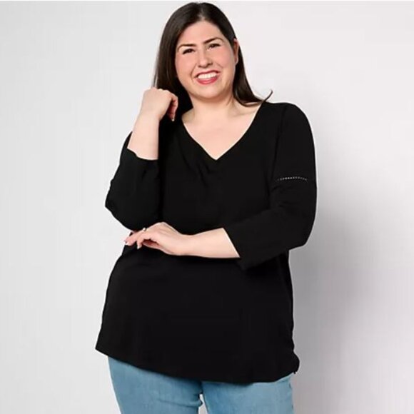 Belle by Kim Gravel Primabelle Knit Top with Ladder Stitch Trim-Black-Medium - Picture 1 of 2